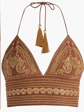 Alice + Olivia Carli Embroidered beaded Tassel Halter Top in Brown/gold